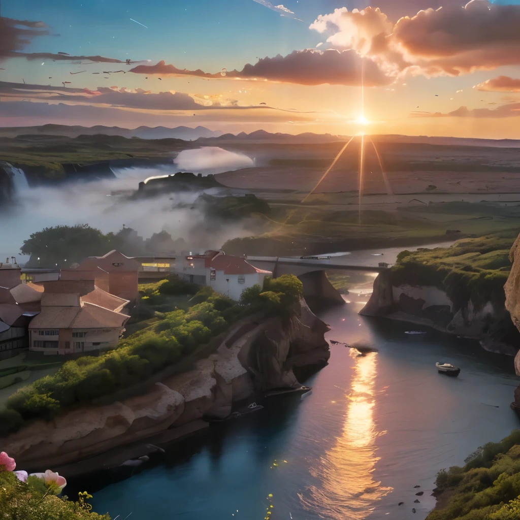 (8k, highest quality, masterpiece, final fantasy style: 1.2), (unRealistic, photoRealistic: 1.37), Dreamy landscape, epic scenes, sunset, Fantasy, Unsurreal landscapes, Super detailed, Flying futuristic Castle, Floating Island in the Sky, Seven-colored swirl of light, Intense lightning, nebulas,Complex Light, Colored light, blue clear Large Lake, Starry sky reflected on the lake surface, Countless shining stars, Meteors, Reflections , (A pillar of light emanated from the ground:1,2), (((roses and orchids gardens , bright sunset, pink and blue clouds, waterfalls in the sky, realistic style))), Hyperrealistic drawing , burning futuristic skyscrapers, , timeless realms, healing light magic effect, in a crystal clear blue magical lagoon of the fairyland, crystal clear waters with silver surface reflections, sharp focus, (close-up:0.9), (bright white theme:1.2), (bright white tone:1.2), (deep blue tone:1.3),((( realistic, Hyperrealism, vivid colours , landscapes , alien nature , science fiction themes))), mountains and abyss, water resources and waterfalls , fog ,