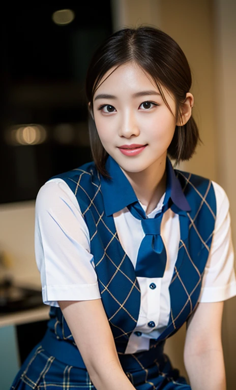 (A stunning chinese lady at night, kitchen, wearing a white short-sleeve button shirt, blue jumper suit, school uniform, plaid tie, plaid hair scarf, youthful charms, smooth complexion, beautiful detailed face, beautiful detailed eyes and lips, long eyelashes, slender figure, perfect body proportion, friendly expression, cute dimples, kind smile, short hair, side ponytail, a confident & poised demeanor, sitting with legs opened, tied up tightly, blue uniform, msc, bwc, schoollogo,

 blurred background, bokeh effect, (best quality,4k,8k,highres,masterpiece:1.2),ultra-detailed,(realistic,photorealistic,photo-realistic:1.37),HDR,UHD,studio lighting,ultra-fine painting,sharp focus,physically-based rendering,extreme detail description,professional,vivid colors,bokeh,SFW,Safe for Work,cowboy shot,head to knee)