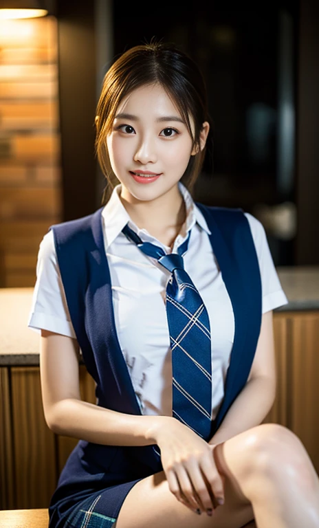 (A stunning chinese lady at night, kitchen, wearing a white short-sleeve button shirt, blue jumper suit, school uniform, plaid tie, plaid hair scarf, youthful charms, smooth complexion, beautiful detailed face, beautiful detailed eyes and lips, long eyelashes, slender figure, perfect body proportion, friendly expression, cute dimples, kind smile, short hair, side ponytail, a confident & poised demeanor, sitting with legs opened, tied up tightly, blue uniform, msc, bwc, schoollogo,

 blurred background, bokeh effect, (best quality,4k,8k,highres,masterpiece:1.2),ultra-detailed,(realistic,photorealistic,photo-realistic:1.37),HDR,UHD,studio lighting,ultra-fine painting,sharp focus,physically-based rendering,extreme detail description,professional,vivid colors,bokeh,SFW,Safe for Work,cowboy shot,head to knee)