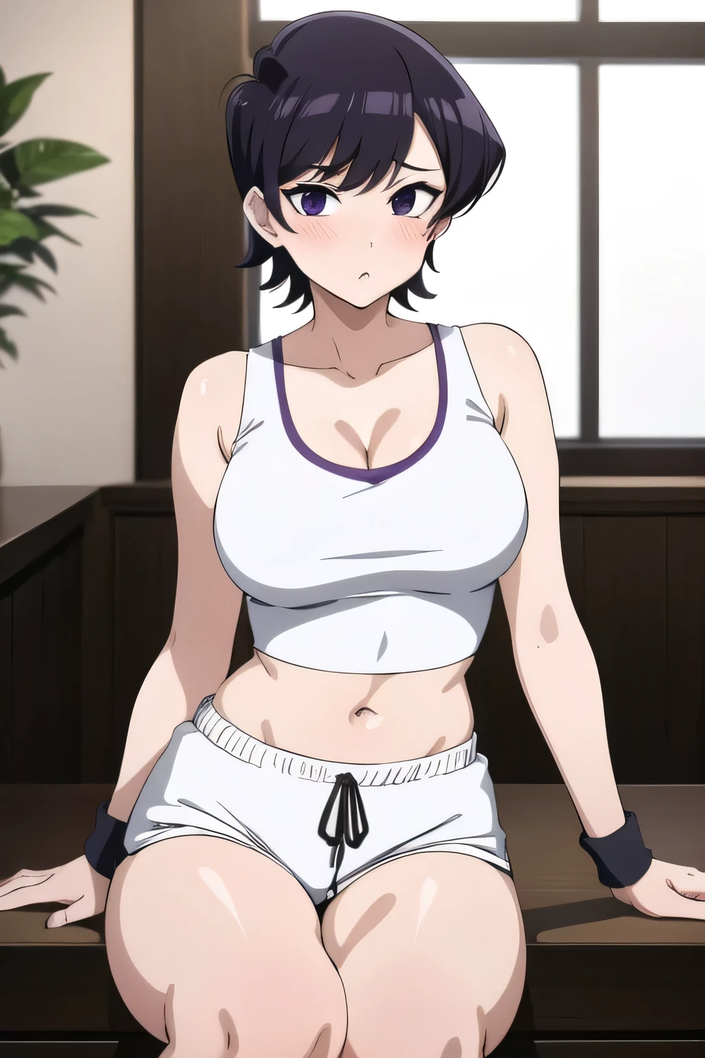 1girl, komishuuko, dark purple/black hair, short hair, large breasts, l0la, socks, midriff, crop top, kneehighs, short shorts, white tank top, wristband, white shorts, indoor, cleavage, looking at viewer, blush.