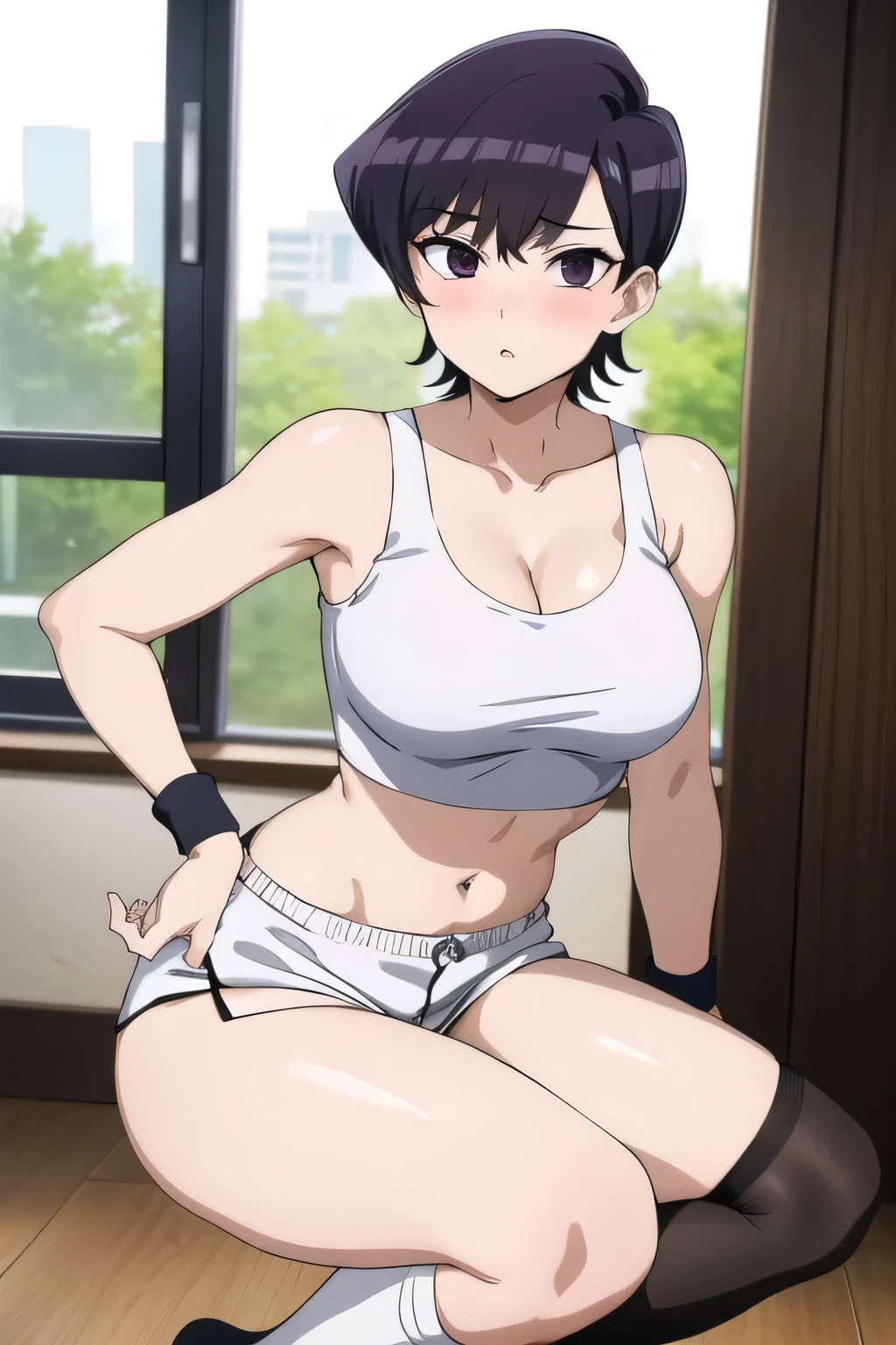 1girl, komishuuko, dark purple/black hair, short hair, large breasts, l0la, socks, midriff, crop top, kneehighs, short shorts, white tank top, wristband, white shorts, indoor, cleavage, looking at viewer, blush.