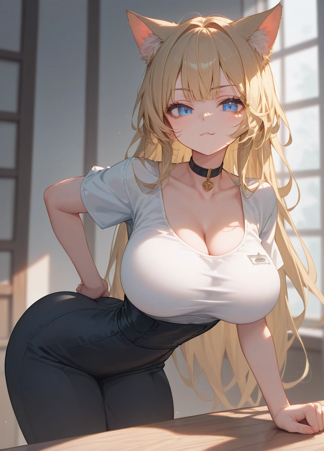 (masterpiece) (detailed) adult female cat girl, (seductive look), large breasts, (small waist:1.3), (thick butt), thick hips, white top clothes, black bottom clothes, black choker, blonde, blue eyes, bent over, looking at viewer, (squeezing breasts), thin face