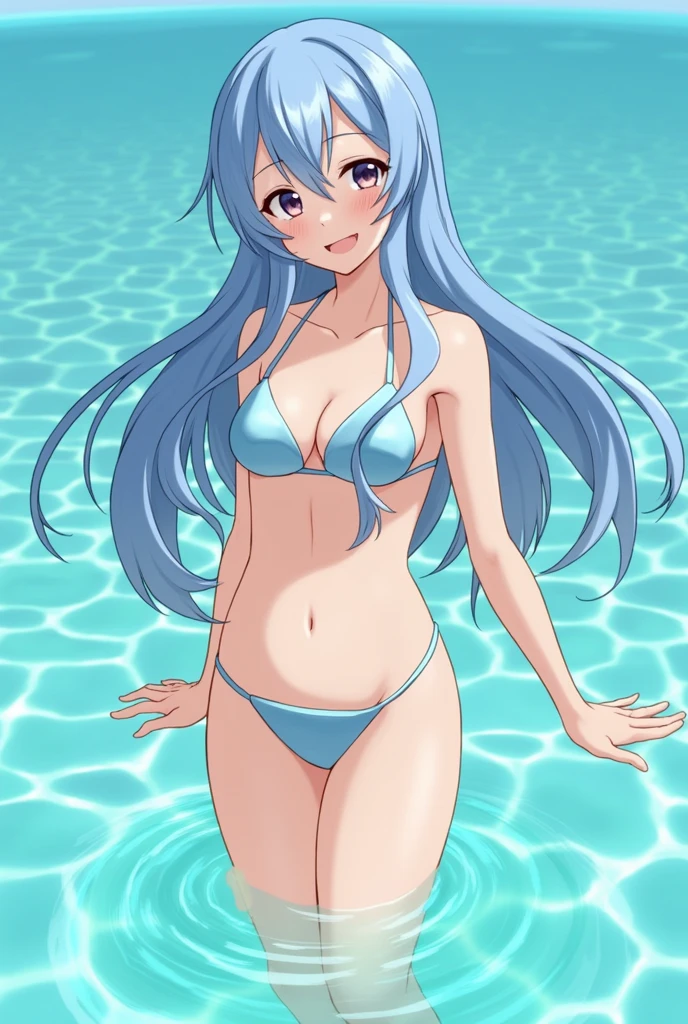 (masterpiece, Best quality:1.2), cowboy shot, One, 1 Girl, 21 years old, mlpdash, colored leather, blue skin, smile, I look at the viewer, rainbow hair, Purple eyes, in a blue bra, in a blue bikini, naked body, lying on a sun lounger