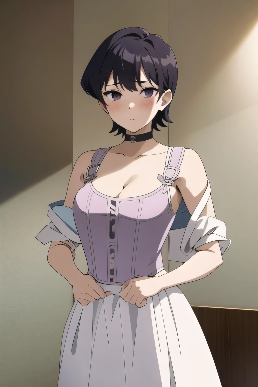 1girl, komishuuko, dark purple/black hair, short hair, large breasts, indoor, cleavage, looking at viewer, blush, ch1nac0rs3t, cleavage, overbust blue and white corset,