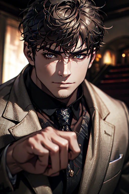 A handsome man in a brown gray suit, a bodyguard in dark clothes, two people walked up the stairs of the villa to the living room, perfect face, perfect hands, (best quality, 4k, 8k, highres, masterpiece:1.2), ultra-detailed, (realistic, photorealistic, photo-realistic:1.37), HDR, UHD, studio lighting, ultra-fine painting, sharp focus, physically-based rendering, extreme detail description, professional, vivid colors, bokeh, (portraiture)