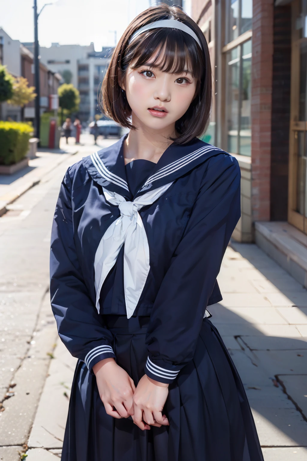 sailor suit, 8k, highest quality, masterpiece, Super detailed, ultra high resolution, realistic, RAW photo, absolute resolution, face is small compared to body, very small face, black hair,  navy blue sailor uniform, Dark blue skirt, 3D rendering, realistic young school girl, (white headband:1.4), small breasts, expensive, slanted eyes, (school scenery), open your mouth, bob cut, Long Skirt, looking at the camera, (blurry background:1.4), 