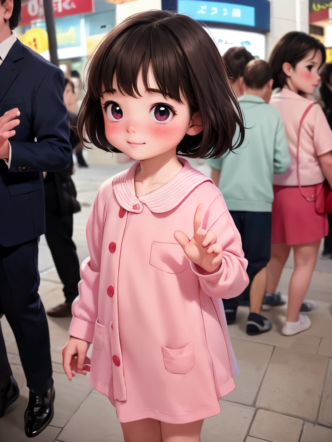 Highest quality，，1 person，A shy smile，Fisheye Lens，shy，blush、Very cute，Baby Face，Very short stature，Flat Chest，Sailor suit，Shopping district，In the crowd，Bruises and gestures，