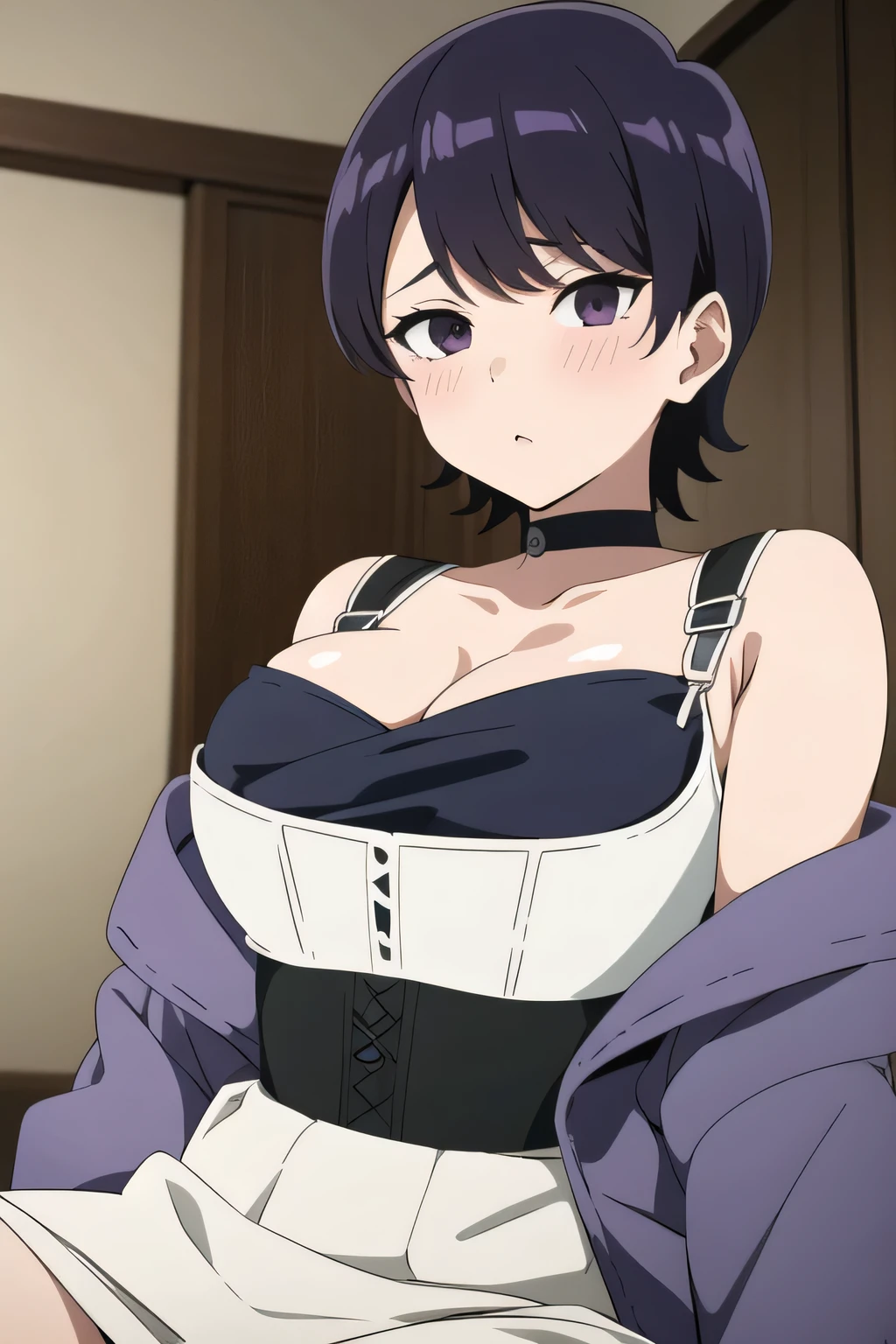 1girl, komishuuko, dark purple/black hair, short hair, large breasts, indoor, cleavage, looking at viewer, blush, ch1nac0rs3t, cleavage, overbust blue and white corset,