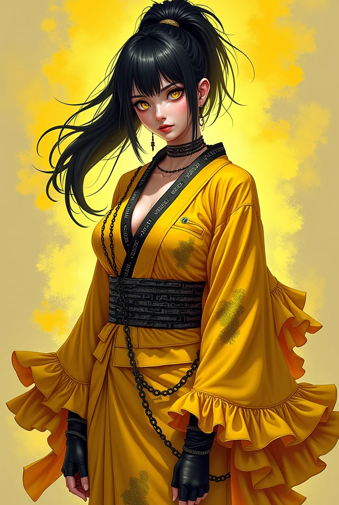 masterpiece, highres, best quality, highly detailed, wallpaper, brown hair , yellow eyes, slit pupils, beautiful woman, ((large snoopy breasts cleavage)), black kimono, ((Japanese samurai)),,, , dark colors,high contrast,,