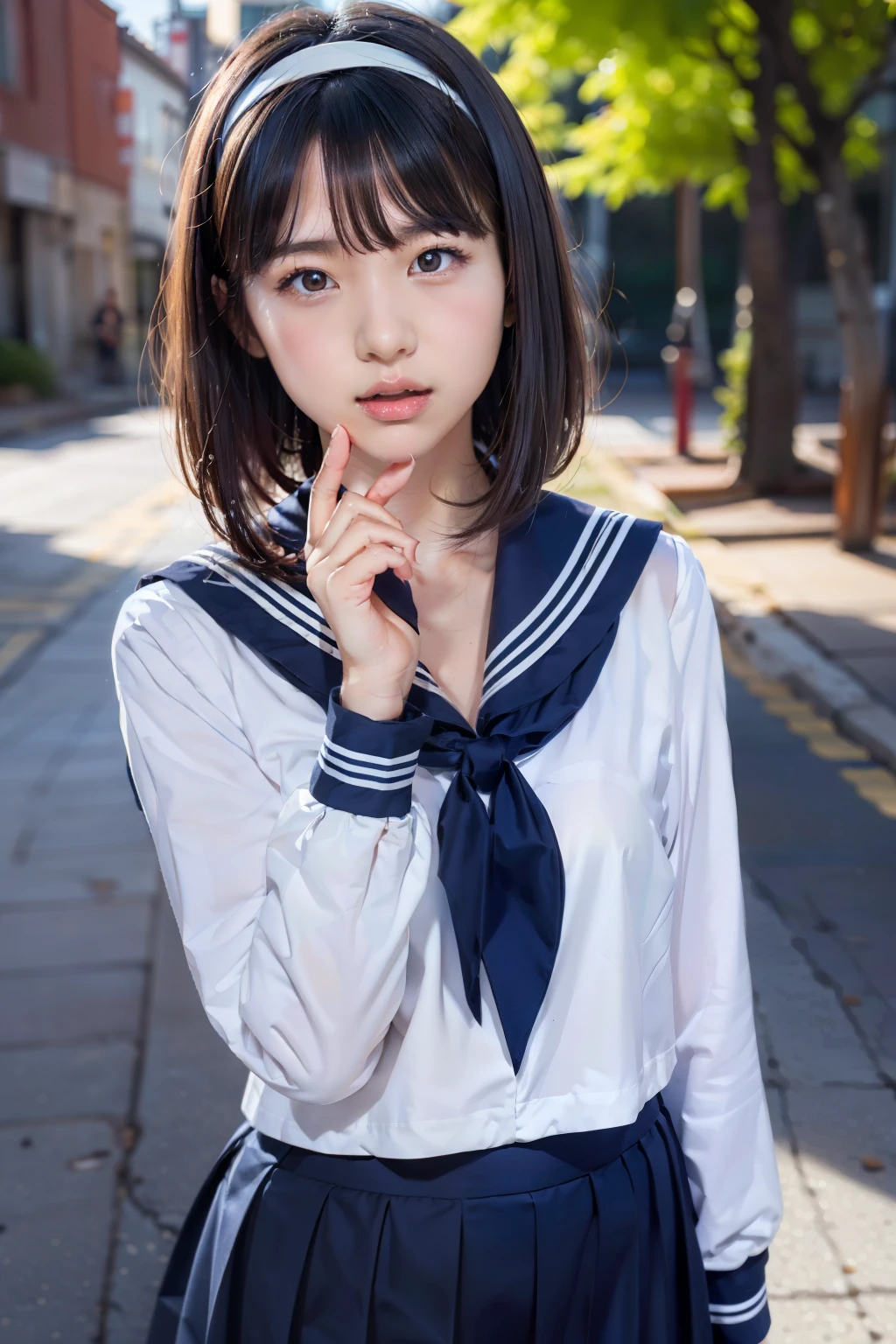 sailor suit, 8k, highest quality, masterpiece, Super detailed, ultra high resolution, realistic, RAW photo, absolute resolution, face is small compared to body, very small face, black hair,  navy blue sailor uniform, Dark blue skirt, 3D rendering, realistic young school girl, (white headband:1.4), small breasts, expensive, slanted eyes, (school scenery), open your mouth, bob cut, Long Skirt, looking at the camera, (blurry background:1.4), 