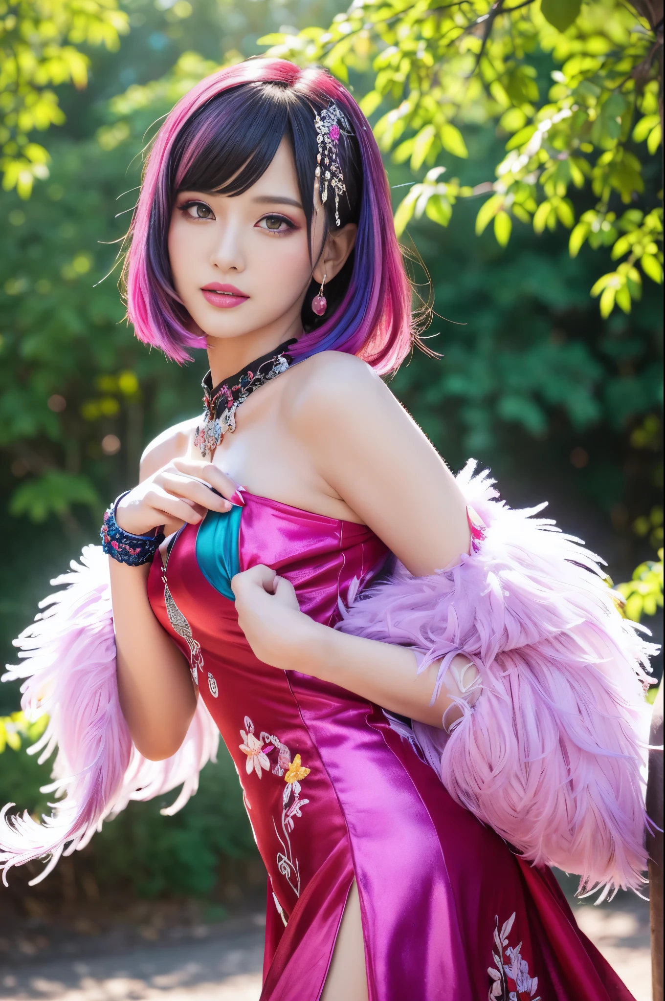 (masterpiece:1.4), (best quality:1.4), ultra high res, ultra high resolution, ((detailed facial features)), HDR, (realistic, photorealistic, photo-realistic:1.37), full body Esbian, sexy swedish model, (-anime), only 1 model, vivid colors, ((vivid colors multicolor (fuchsia, pink, light blue, purple) very short hair)), (seductive smile), lip-gloss, long lashes, defined eyebrows, wearing large sparkling colorful jewelery, wearing a red silk Paradise Kiss cosplay dress with black floral embroidery, ((vivid colors outfit)), vivid colors, look at the camera, cinematic light, large park background with trees, sweet and sexy pose