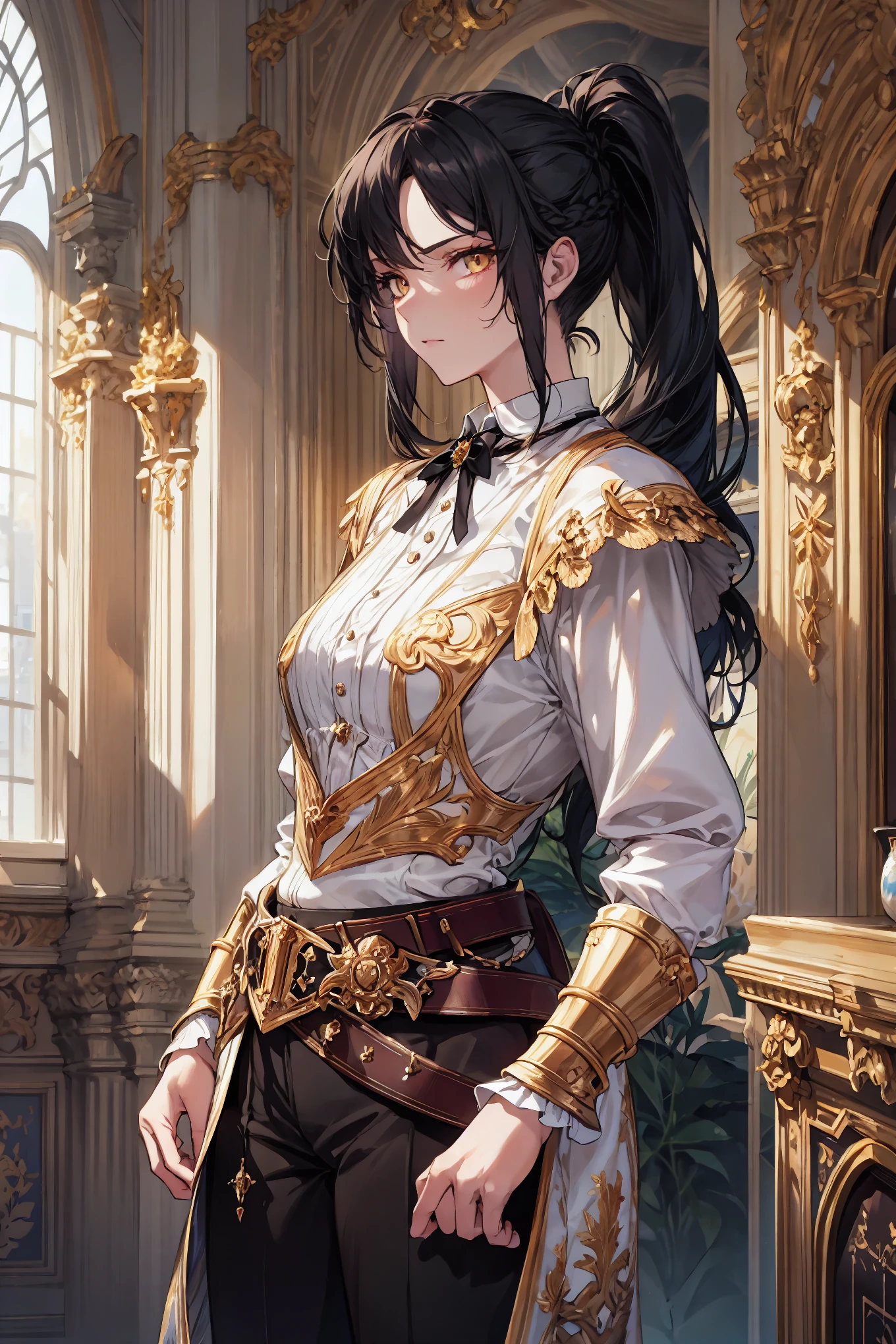 photorealistic, masterpiece, best quality, (detailed anime, video game art, extremely detailed CG unity 8k wallpaper), (best quality), (best illustration), (best shadow), absurdres, realistic lighting, (Abyss), magical aura, musketeerdress, stern expression, (warrior, royal guard, armor,:1.22) royalty, princess, warrior princess, black hair, (golden eyes:1.3), (flat chest:1.1), looking at viewer, braided hair with ponytail, elegant young woman with a sharp, sophisticated look. She is wearing a black, intricately patterned dress shirt and a large black bow at the collar. Her high-waisted black pants are sleek and tailored, secured with a wide, buckled belt with straps, central, upper body shot view of a character standing confidently looking at viewer. The character's pose is strong and commanding, with hands by the sides, musketeer, Interior of the Hall of Mirrors at the Palace of Versailles, Baroque architecture, vaulted ceiling with frescoes, opulent crystal chandeliers, tall arched mirrors reflecting light, gilded statues, intricate gold leaf decorations, natural light flooding through large windows, luxurious and grand atmosphere, high-detail, photorealistic, 8k resolution.