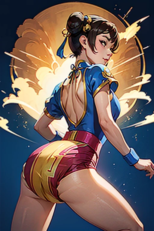 Chinese Boy, 12, Chun Li Outfit, Leotard, (((Facing Backwards, left hand on buttocks)))