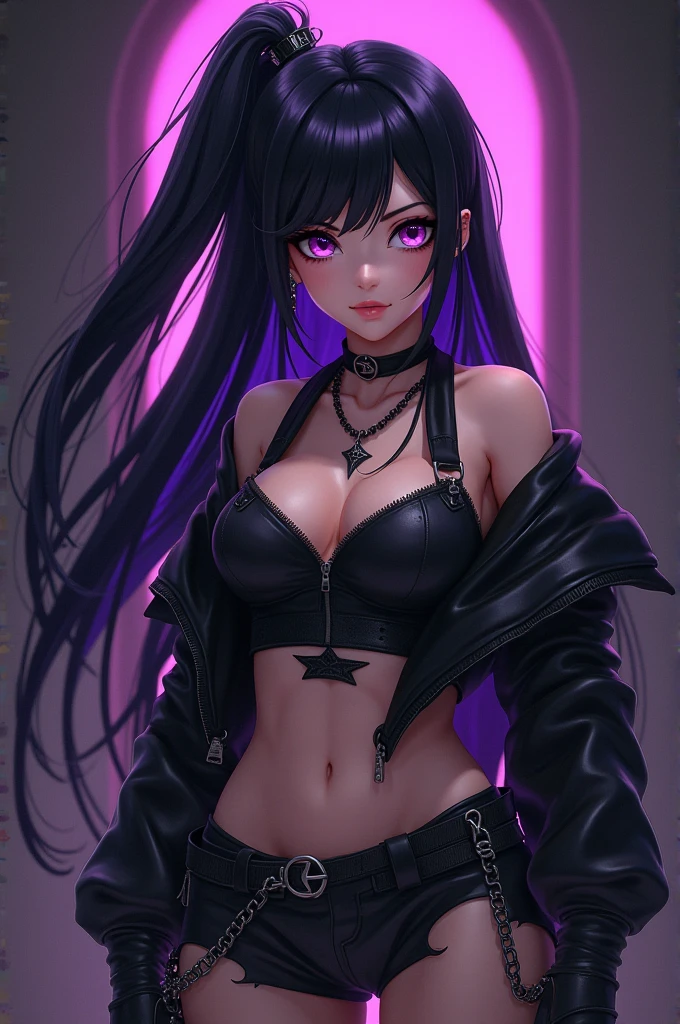 Black hair with dull purple gradient and green highlights., eyes with heterochromia, the right eye green and purple and the left eye black with a cross. With demons around.