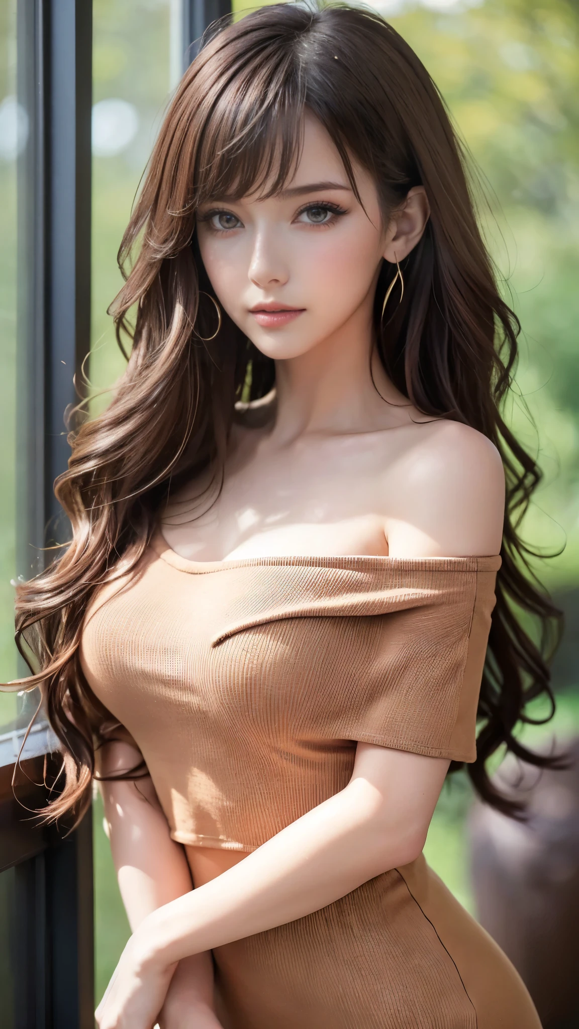 ((Highest quality、8k、masterpiece:1.3)),  Sharp focus:1.2, Beautiful woman with perfect body lines:1.4, Slim abs:1.1, ((Dark brown hair、Long Hair))，Off-the-shoulder tops，leggings, (Highly detailed face and skin texture), Detailed eyes, double eyelids, Poses that accentuate the chest, (Chest - Chest), Very large breasts,  whole body, Most detailed, Detailed border, Beautifully detailed whole body, Thin legs, 30 years old,  Spiked Hair, Open your mouth a little, Delicate arms and hands, Pale skin, Colorful background, HD background, Blurred Background, Very delicate and beautiful,  (((Trendy hairstyles))), (Inside the room,Stylish interior,window),