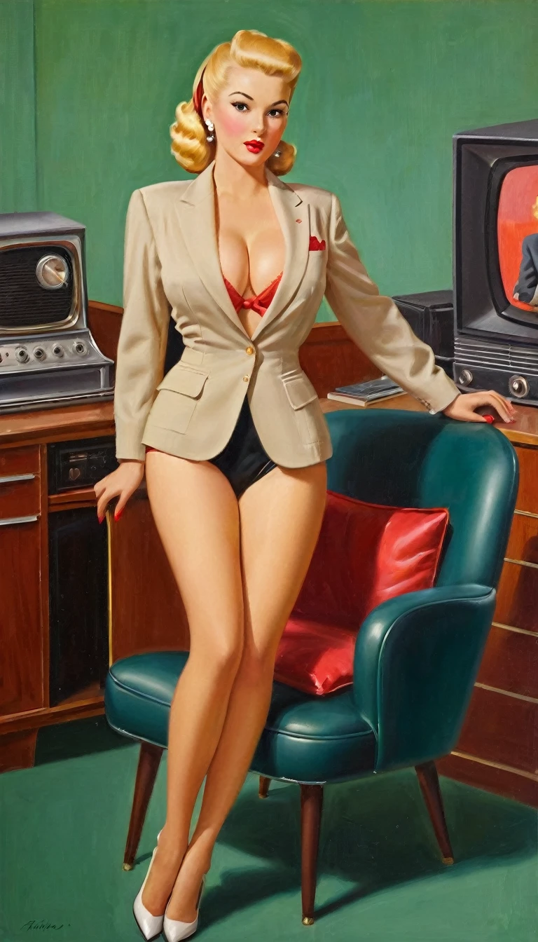 With legs apart、Art Frahm 1950s pin-up style.ponytail、Blonde、Very large breasts、business suit、(Black it on a chair、Red panties、Television studio、high quality, detailed face, detailed body, masterpiece