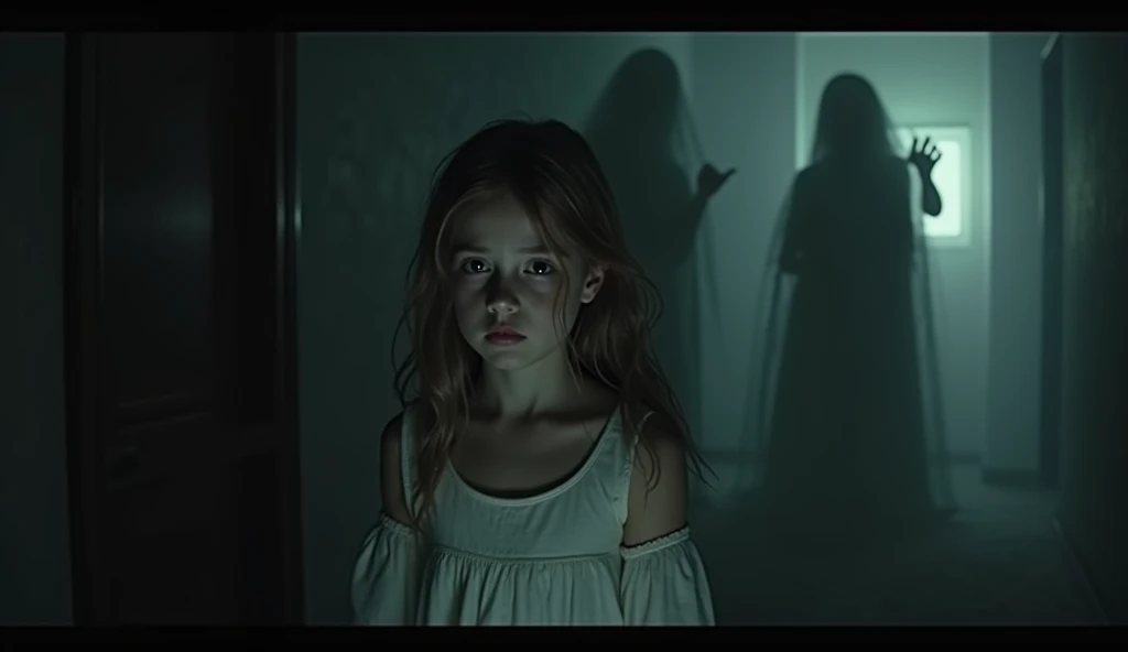  de 5 ans blonde avec sa mère qui sourit derrière. La mère est méchante et fait peur,elle a les yeux rouges.Elle lui tient les épaules. Elle sont devant un lit de 

