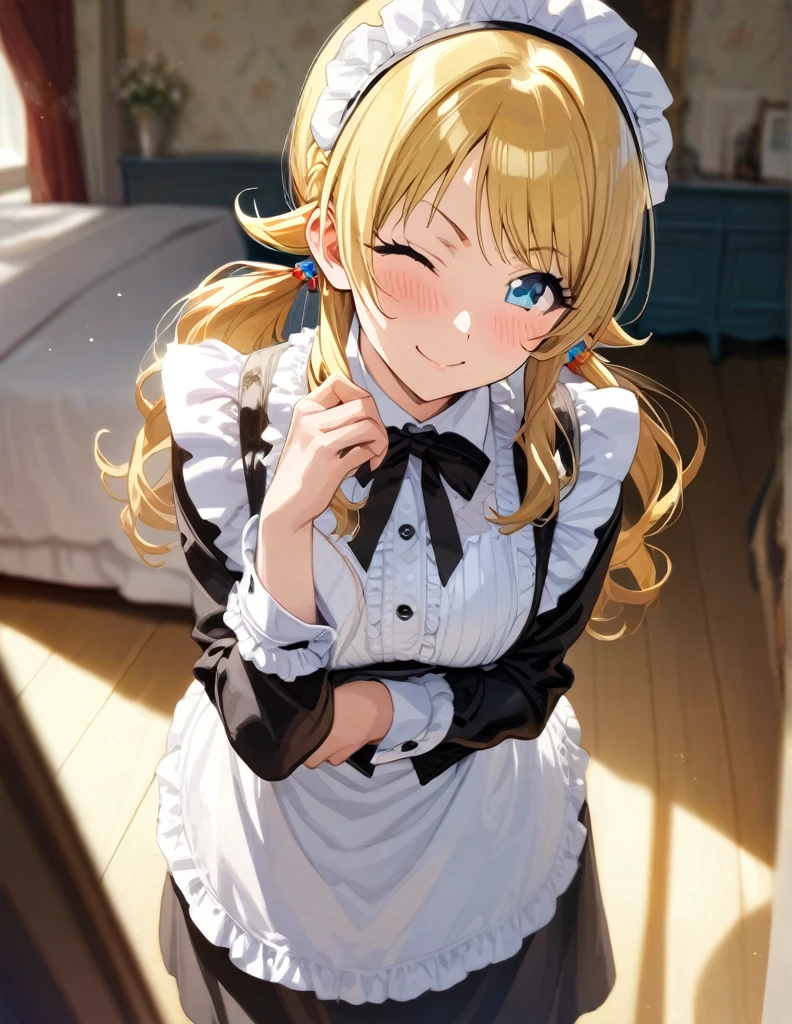 (masterpiece),(Highest quality),(Very detailed),(Best illustrations),(Best Shadow),(Absurd),(Detailed Background),(so beautiful), 
Official Style,

Meguru Hachimiya, blonde hair, long hair, Blue eyes,

the idolmaster shiny colors,
low twintail,
chest,
blush,
smile,
wince,

edwardian Maid,

alone,
bedroom,
Background Blur, 
focus on face,
realistic skin,
cowboy shot,