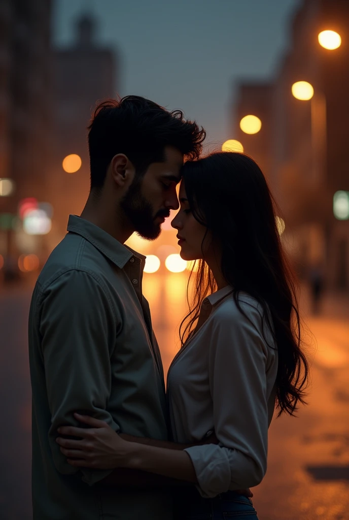 hyper realistic close-up image, dark silhouette of a couple affectionately hugged at night, bokeh light effects, lens flare effects, on a great city, 8k resolution, dramatic lighting, depht blur , greg rutkowsky style, raw photo