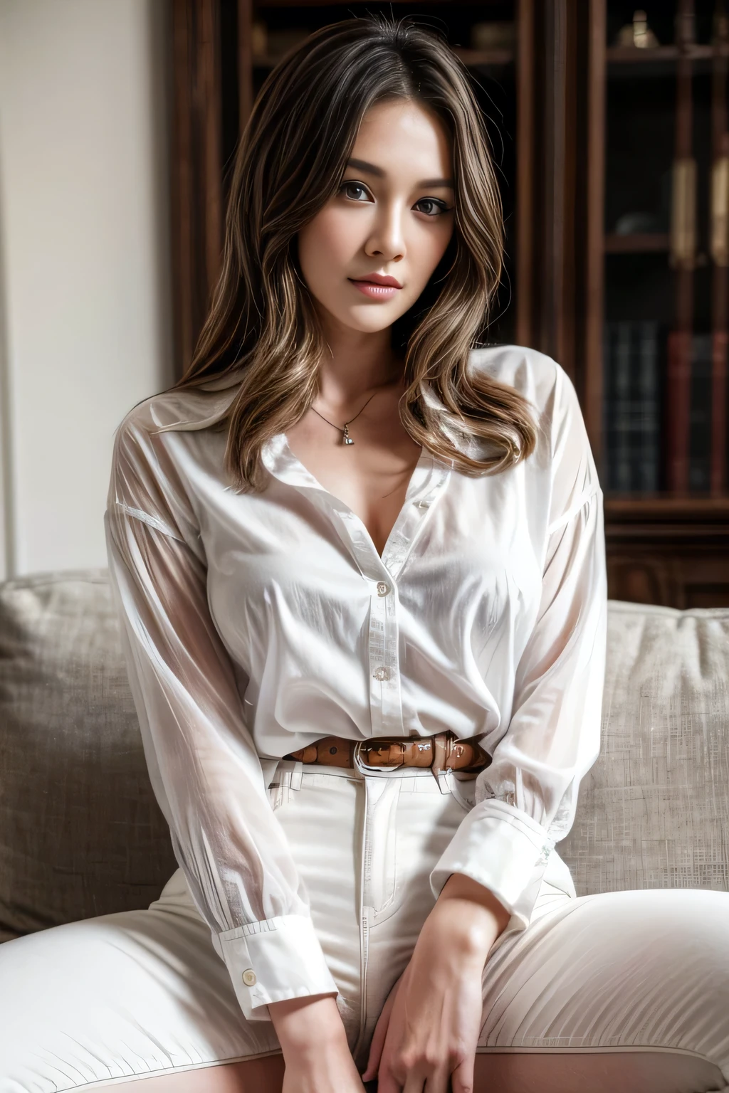 beautiful, masterpiece, best quality, extremely detailed face, perfect lighting, 1girl, solo, GiovannaMS, cowboy shot, white shirt, black pants, sitting, spread legs