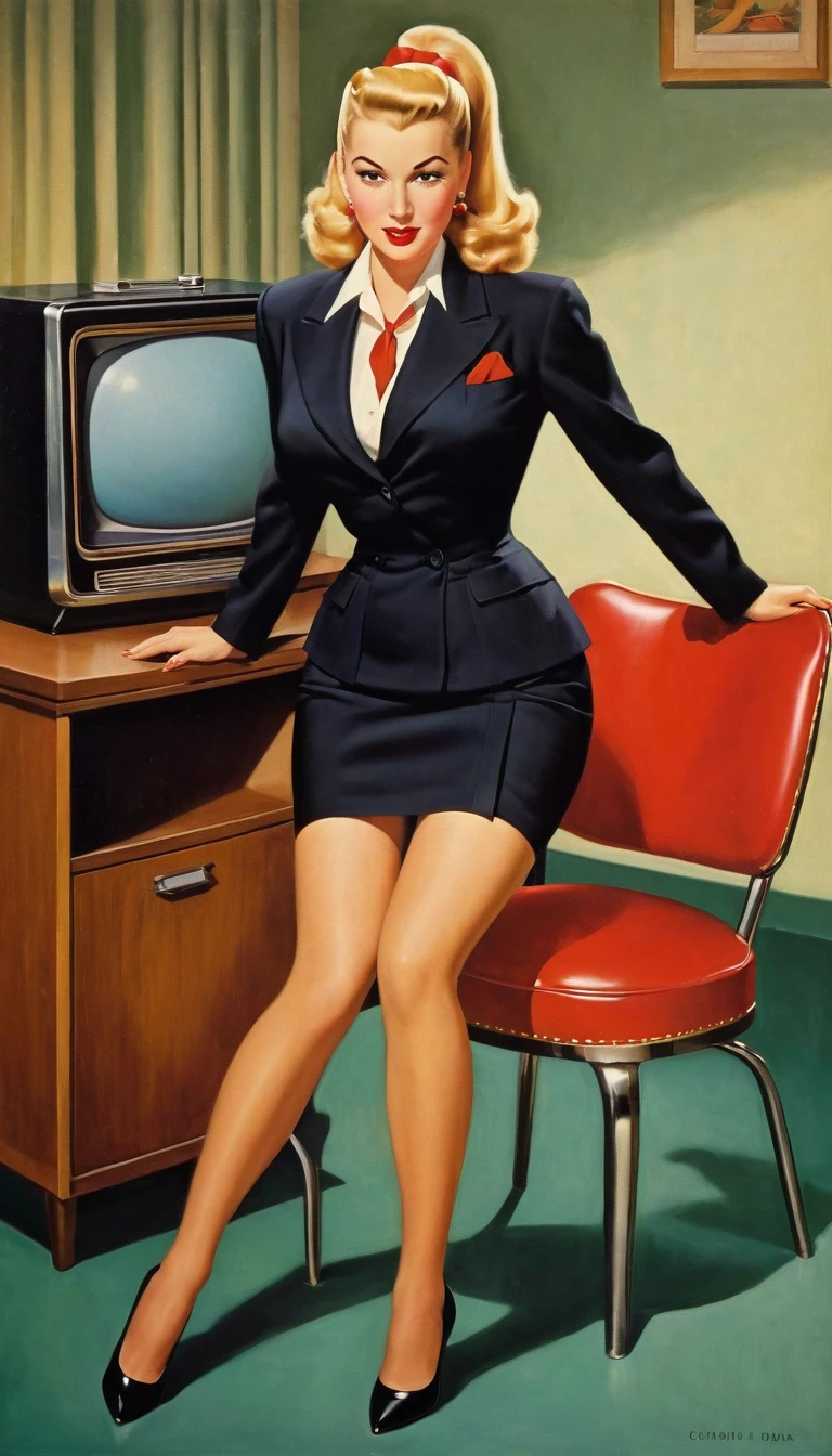 With legs apart、Art Frahm 1950s pin-up style.ponytail、Blonde、Very large breasts、business suit、(Black Mini Skirt:1.4）、Sit on a chair、Red panties、Television studio、high quality, detailed face, detailed body, masterpiece