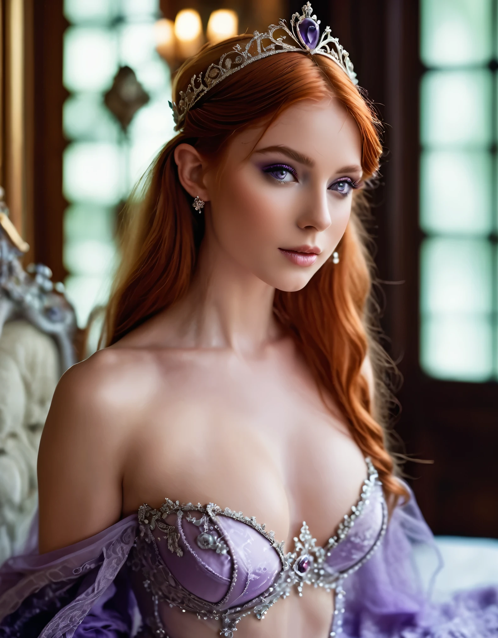 In this alluring photoshoot, we celebrate the fusion of modern allure and timeless elegance. Picture a seductive redheaded elf with mesmerizing lavender eyes, She is nude, showing her thin hourglass figure, wearing only her platinum tiara set with amethyst to accentuate her eyes. hyper realistic skin texture, Set against the backdrop of a luxurious Victorian-era bedroom, the contrast is striking. With a seductive smile playing on her lips, she invites viewers to indulge in her beauty. Captured in stunning 8K resolution, the vibrant colors and photo-realistic details bring this captivating scene to life, offering a full-body view that mesmerizes with every glance.