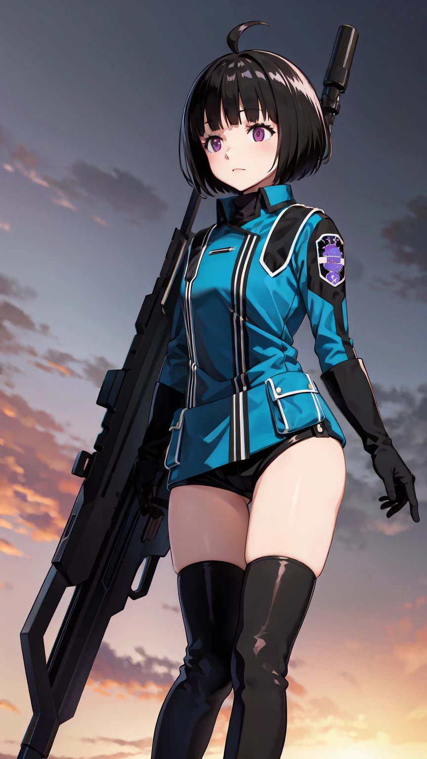 One Girl, alone, amateur_chika, short hair, Black Hair, Blunt bangs, Bobcut, Ahoge, Purple eyes, Long sleeve, Blue jacket, Uniform, Black Shirt, turtleneck, Symbolism, Short black shorts, Black boots, carry a long rifle, Cowboy Shot、Thighs、Black thigh-high boots、（（（Black high heels）））whole body, face, high quality, masterpiece, 超High resolution, high quality, Attention to detail, 最high quality, High resolution、Beautiful legs、Long legs、Long legs、Red High Heels、Thighs、Uniformリフト、His jacket is open、bra、