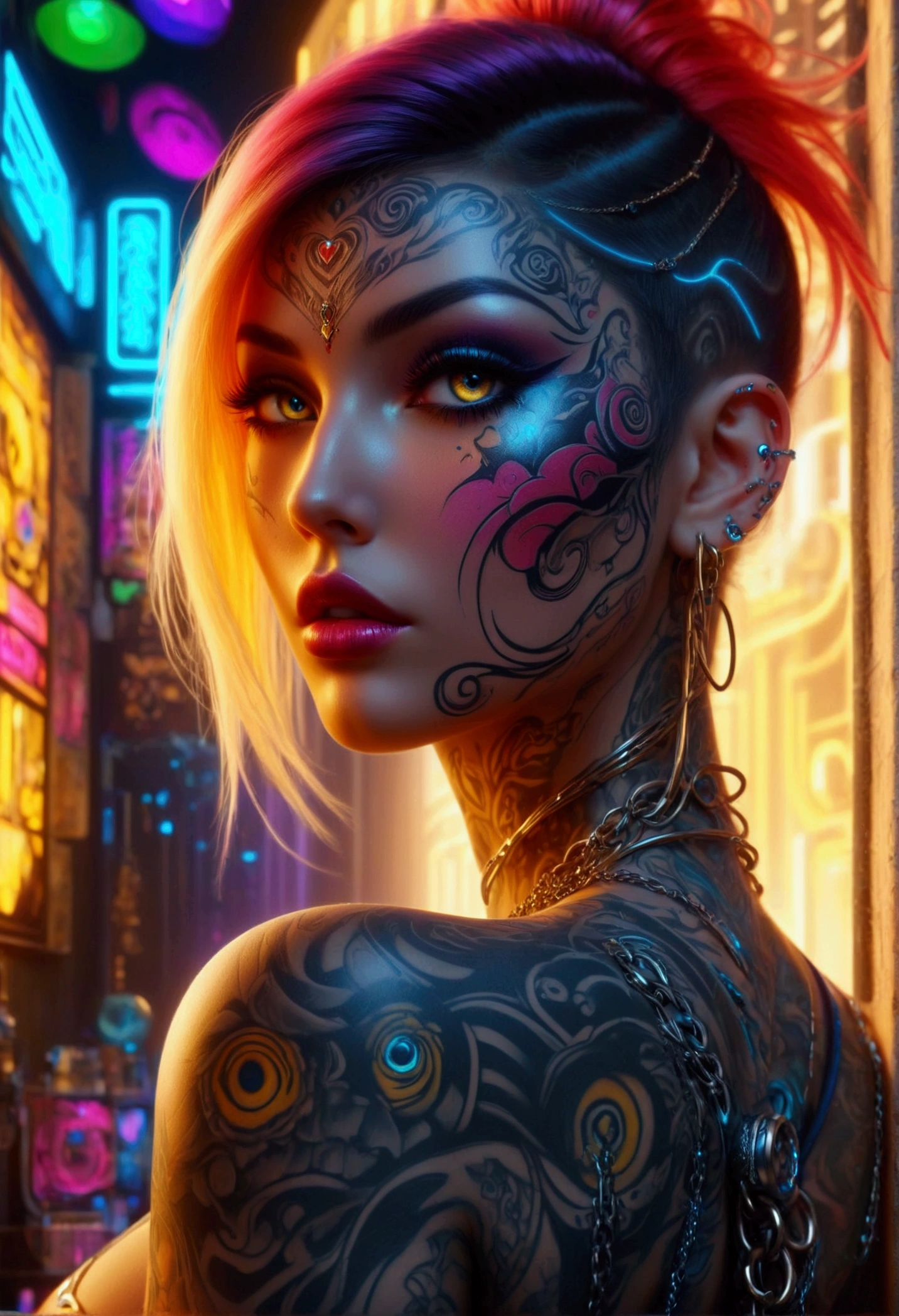 beautiful digital artwork, beautiful digital art, detailed beautiful face, 8k high quality oled detailed art, very beautiful digital art, digital art. highly detailed, beautiful detailed body, Create a hyper detailed photograph of a perfectly simetrical tattooed curved drop dead gorgeous cyberpunk 2077, Stunningly perfect gorgeous feminine face, bold, dramatic eyes, bold Eye Makeup, dramatic eyes, smudging layering and blending to dramatic, detailed vibrant neon golden eyes, very long hair, Focus on Skin A smooth even base is essential Makeup primers foundations and concealers Highlighting and Contouring to achieve a flawless canvas natural-looking, radiant glow, Gentle facial curves, Fuller cheek bones, Smaller and wider-set eyes, Less pronounced jawline, Symmetry perfection Proportion facial features, sexual curved heart shaped mouth, long beautiful tattooed legs, beautiful tattooed arms, perfect feminine curved body figure, detailed silky smooth skin, gigantic huge breasts, perfect heart shaped ass, beautiful long tattooed legs, Wearing chain cyberpunk lingerie Jewels, fullbody view, showing complete body,