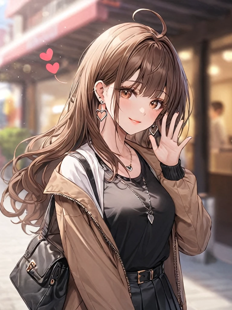 ((masterpiece, best quality)), ultra detailed, very aesthetic, absurdres, One girl, Ahoge, bangs, black skirt, black sweater, Blurred, Blurred background, chest, Brown eyes, Brown Hair, brown Jacket, Mouth closed, Day, Depth of written boundary, Earrings, eyelash, Raise your hand, Tilt your head, Jacket, jewelry, Long Hair, Long sleeve, View Viewer, medium chest, Manicure, Open clothes, open Jacket, Outdoor, Pursed lips, Tucked in shirt, Side Lock, skirt, Sleeves are longer than the wrist, alone, sweater, Upper Body, smile, (text “･･････”, spoken heart), 