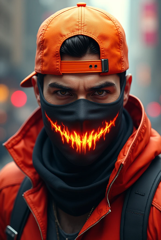 An 1 man with an orange cap turned backwards, a black mask with a fire ...