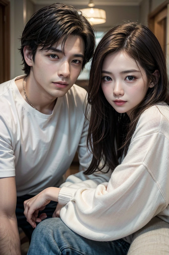 1 man,1wioman, Modern. Casual wear. Elegant couple, masculie man (mature) and beautiful girl. Dark hair color. Very deatiled face. pretty eyes (perfect eyes). 8K resolution. Masterpiece. Romantic, love, glowing light. Look at the viewer. Blue petals.