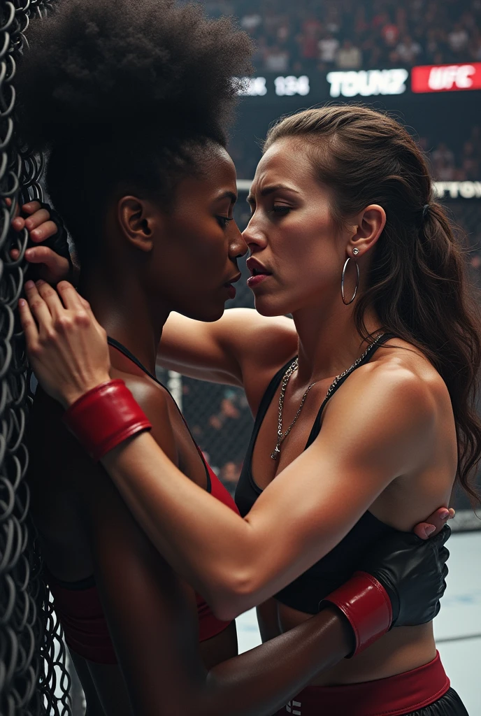 a topless girl kissing another topless girl in wrestling ring, black shorts, extremely detailed, high quality, photorealistic, 8k, realistic lighting, detailed facial features, beautiful eyes, lush lips, sensual pose, dynamic action, dramatic shadows, vibrant colors, cinematic composition