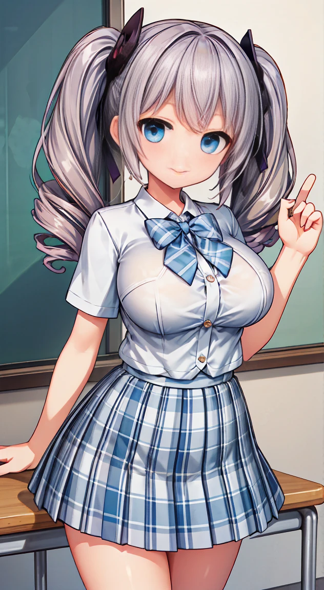 Highest quality,masterpiece,One person,Blonde,Twin tails,Schoolgirl uniform,Short sleeve,mini skirt,Large Breasts,smile,classroom,see through ,summer ,Micro mini skart,手を後ろに繋ぐ