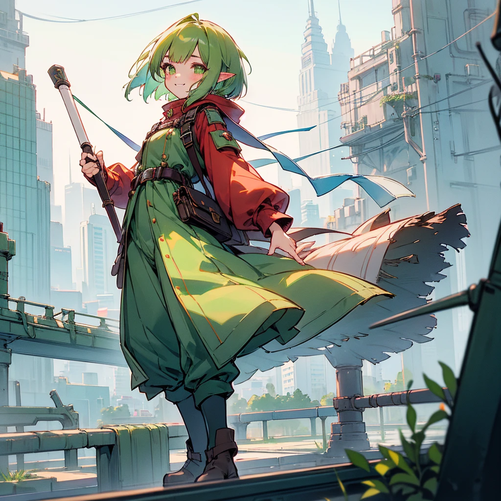 elf, (1 girl), green hair, green eyes, bob cut, thin eyebrows, smiling, young, alone, ****ta, childhood, child, short, overall, coat, long boots, red hood, wide pants, harness, fingerless globe, belt, waist pouch, in the city, tiny, baby face, pastel academia, cel anime, cyber punk