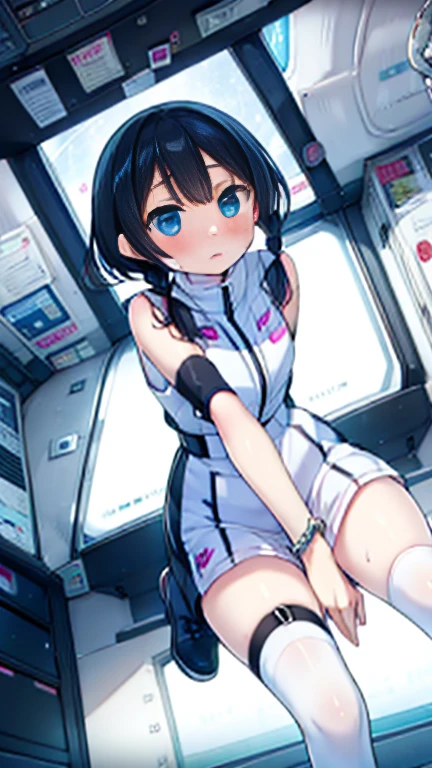 (Highest quality), (masterpiece), 1080P, High resolution, 4K, 8k, Inside the space station、Futuristic room、Thigh straps, Shooting from directly below, The woman on top of me, 白いSweat, Covered , Sweat, Woman looking down, Skirt swimsuit, Thigh-high socks, To achieve this, 16 years old, , whole body, Black leather shoes, Braided hair, Inner Color, Embarrassed face, Short black hair, bracelet, Bedroom,celestial body_Vest
