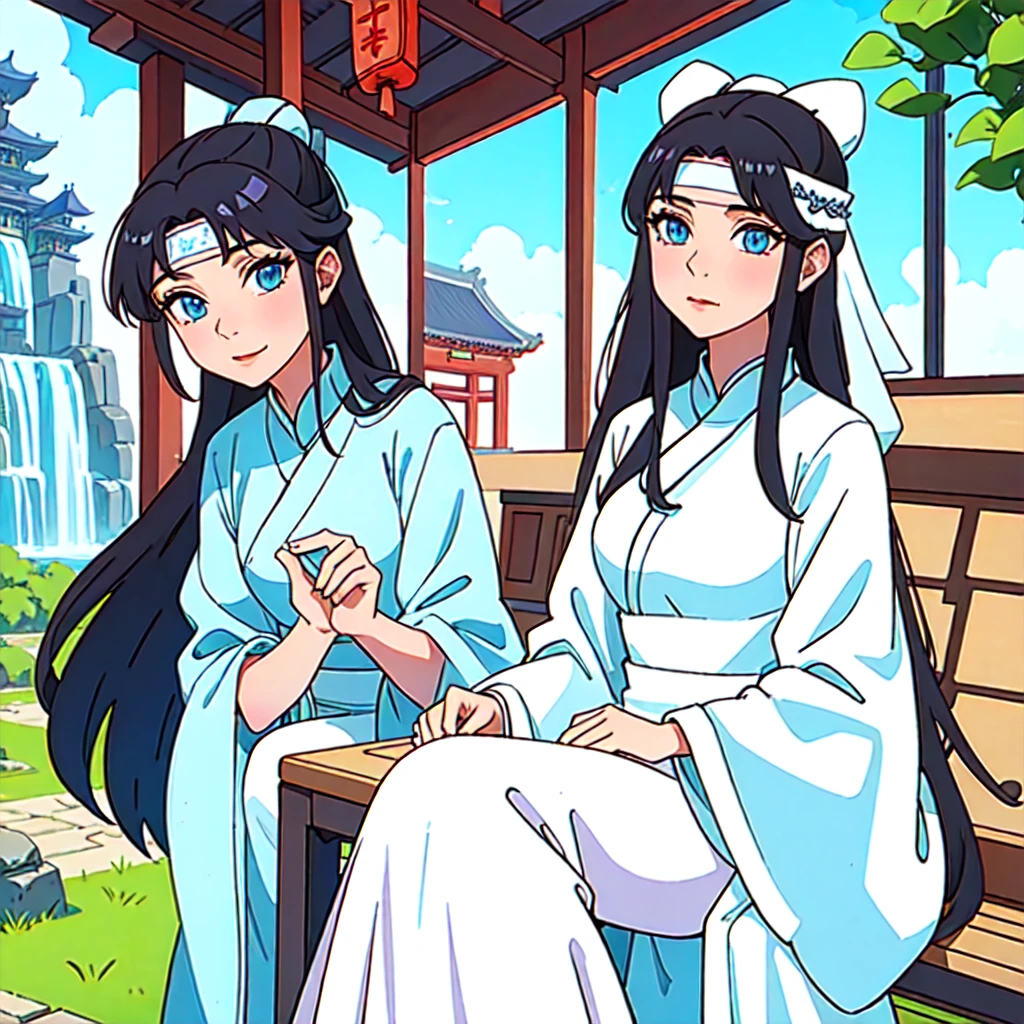 ( Best Quality, ancient china, A girl, long white Chinese dress with pastel blue), Long hair, black hair , blue eyes
