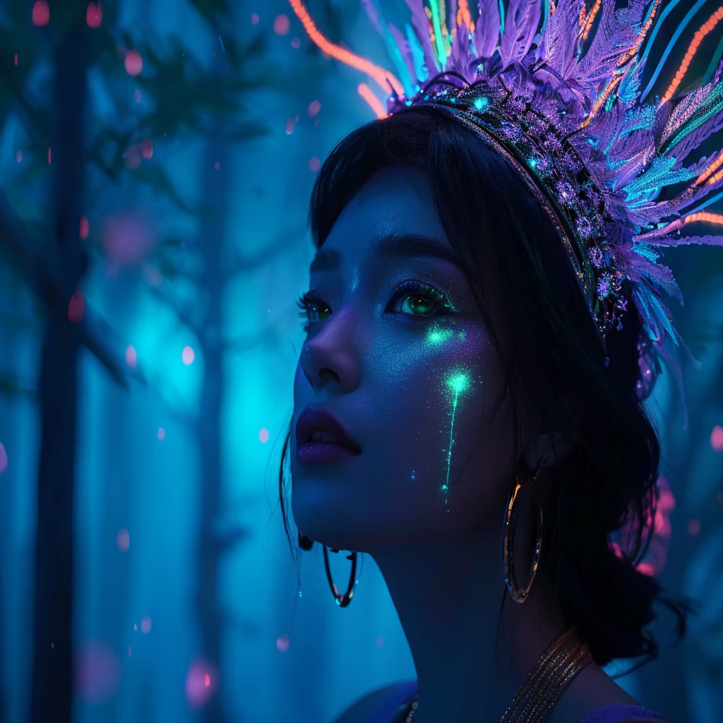 portrait | wide angle shot of eyes off to one side of frame, lucid dream-like woman, looking off in distance ::8 style | daydreampunk with glowing skin and eyes, styled in headdress, beautiful, she is dripping in neon lights, very colorful blue, green, purple, bioluminescent, glowing ::8 background | forest, vivid neon wonderland, particles, blue, green, purple ::7 parameters | rule of thirds, golden ratio, assymetric composition, hyper- maximalist, octane render, photorealism, cinematic realism, unreal engine, 8k ::7 --ar 16:9 --s 1000