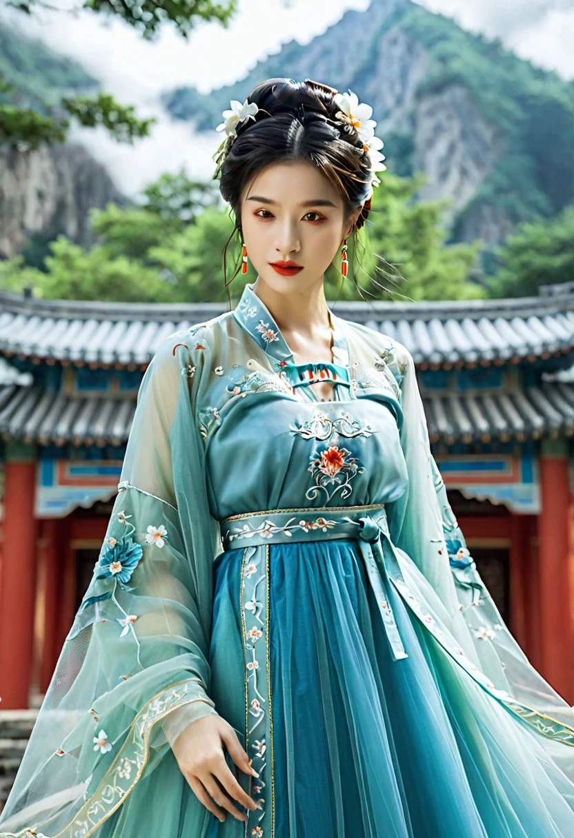 masterpiece,best quality,8K,official art,ultra high res,1girl,looking at viewer,chinese clothes,hanfu,jewelry,hair ornament,upper body,solo,earrings,snowy mountain,ruins,flower,black hair,necklace,teeth,hair bun,dress,parted lips,hair flower,((full body)),dress,hanfu,embroidery,exquisite,meticulous,(tulle:1.4),