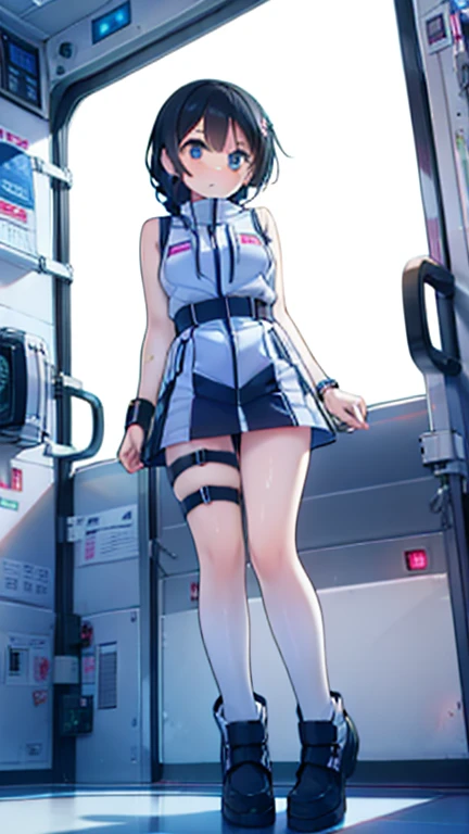 (Highest quality), (masterpiece), 1080P, High resolution, 4K, 8k, Inside the space station、Futuristic room、Thigh straps, Shooting from directly below, The woman on top of me, 白いSweat, Covered , Sweat, Woman looking down, Skirt swimsuit, Thigh-high socks, To achieve this, , , whole body, Black leather shoes, Braided hair, Inner Color, Embarrassed face, Short black hair, bracelet, Bedroom,celestial body_Vest