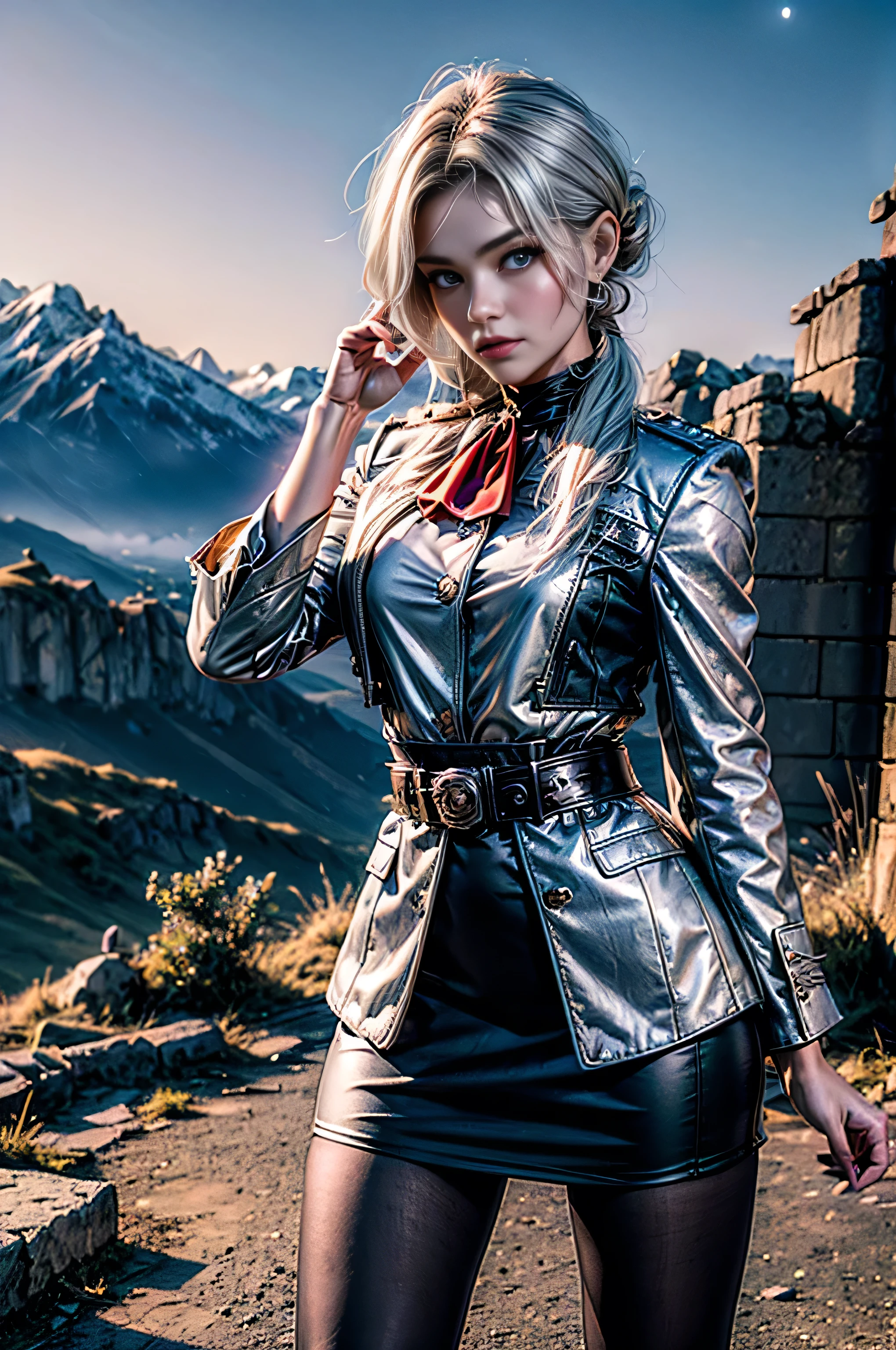 masterpiece,best quality, masterpiece, high detail,detailed face,detailed eyes,rendered eyes,perfect eyes,hip lines,crisp image,detailed,amazing,8k,8k wallpaper,8k background,high detailed skin,high res, (((cowboy shot))), solo, 1girl,looking at viewer,WillowSchnee, white hair tied up in a bun, low on the right side of the back of her head, while her bangs are shaped around the left side of her face and a small, curled lock of hair reaching almost to her shoulders. Her attire consists of a white cravat secured by a silver brooch set with a red stone, as well as a light purple jacket with light sleeves, a wide belt around her waist, a matching pencil skirt with black tights and slippers. serious expression, standing ((people in city ruins on hill, overlooking valley)), BREAK night, stars, moon, snow, BREAK mountains in background, waterfall, vehicle wreck, ((people in military uniform)), bonfires, post-apocalypse, dystopian future, (volumetric lighting), intricate details, tonemapping, sharp focus, hyper detailed