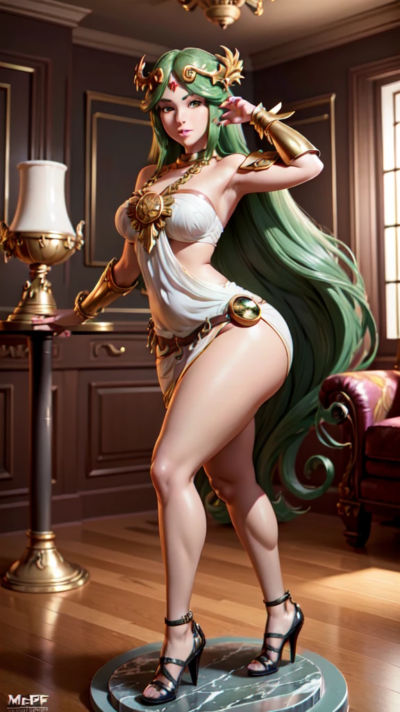 MFBP1, expressive pose, Palutena cosplayer precious girl, gorgeous woman godness, detailed expression, beautifull long green hair, curvy body, hair ornament, white dress, body made of plastic, frozen in place and put on display as a decorative statue figurine, detailed posed and turned into a statue as a trophy, objectified, high plastic details, Very detailed, submissive expression, seductive smile, dark hair, standing on a display base in a LIVING ROOM, Ultrafine paint,ultra detailed,realist,studio lighting,bright colors,Portraits,detailed facial features,standing on a pedestal. Mansion background, (4k), (Maximum quality).