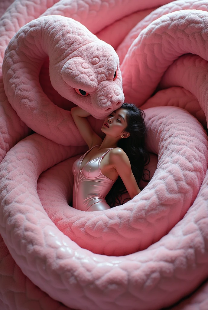 Topless Pink thong Happy Horny, aroused 1girl), beautiful kneeling Indian young girl with giant colossal black titanboa squeezing her hard, wrapped in thick spiraling coils, constricted, struggle, gasping for air, snake attack, snake peril,