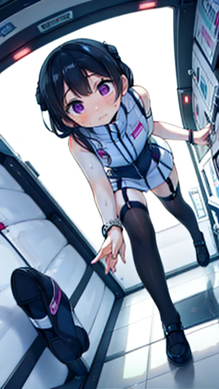 (Highest quality), (masterpiece), 1080P, High resolution, 4K, 8k, Inside the space station、Futuristic room、Thigh straps, Shooting from directly below, The woman on top of me, 白いSweat, Covered , Sweat, Woman looking down, Skirt swimsuit, Thigh-high socks, To achieve this, , , whole body, Black leather shoes, Braided hair, Inner Color, Embarrassed face, Short black hair, bracelet, Bedroom,celestial body_Vest
