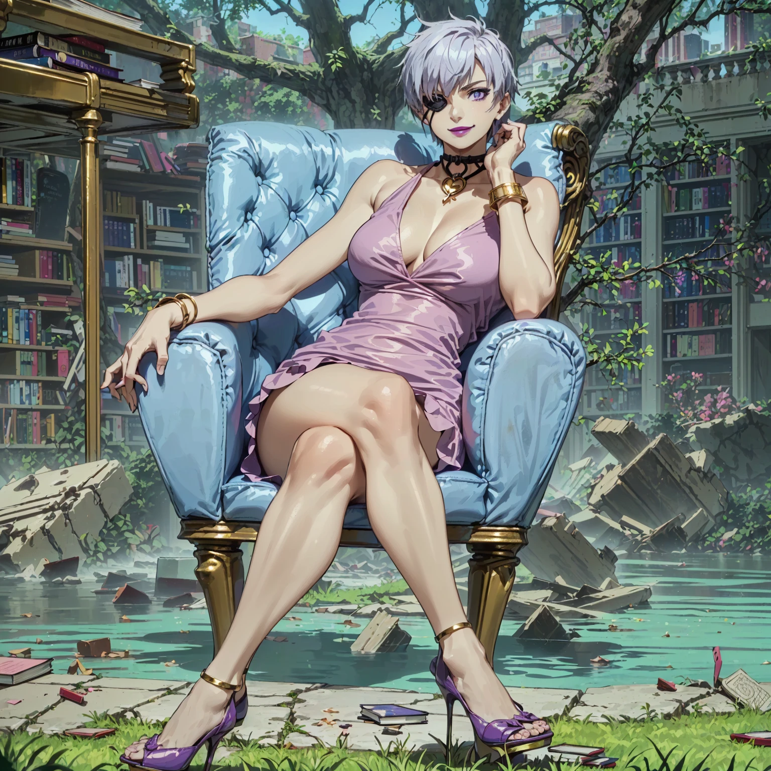 (1girl, Alone, alone), (najenda, short hair, (purple eyes:1.3), grey hair, eyepatch, eye patch, single mechanical arm, Silver Hair,Short Hair, lilac eyes), ((Alone, (1woman,pink lipstick ), extremely detailed , Soft ambient lighting, 4K, perfect eyes, a perfect face, Perfect Lighting, the 1 girl)), ((fitness, , shapely body, athletic body, toned body)) ,((pink dress, low-cut dress, red high heels, blue armchair, gold necklace, bracelets, tree, abandoned library, devastated library, water, rubble, books, grass, smug smile))