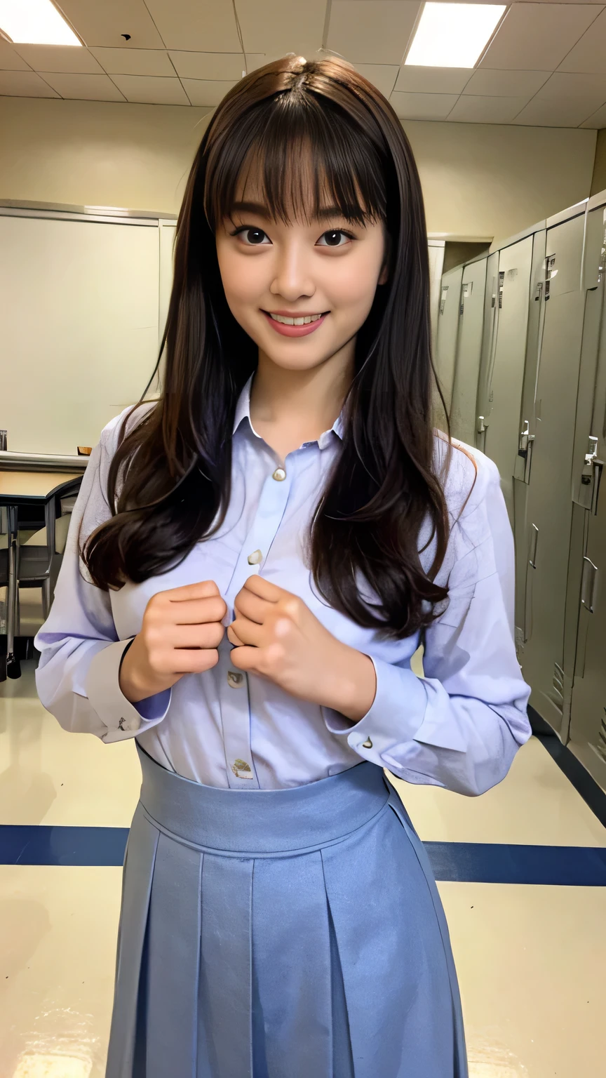 Highest quality,8k,High resolution,extremely difficult、younger sister、bangs,,smile,Black Hair,Long hair curled inwards,small胸、(Smart elementary school student:1.3)small、Eye-catching lingerie、Twin tails or short hair、hair accessory、Baby Face、Full body image、Indoors as much as possible、Not bad、Gu-par Exposure、news、Happy、cute、Bra required、panties、(Locker Room)、A relaxed smile、purple、Balance is key、In a bra、smileでリラックス、、Active appearance and pose、Highly aggressive、