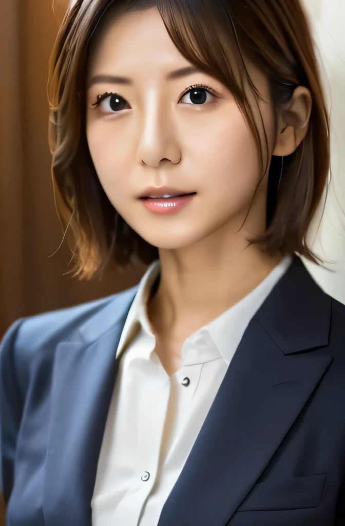 (Highest quality,16K,masterpiece),Anatomically correct,Portraiture,
Very beautiful Japanese model,Big Breasts,
Very Short Hair,
Detailed face,Detailed eyes,Lip gloss,
Chic suit,White shirt,
Sexy pose,