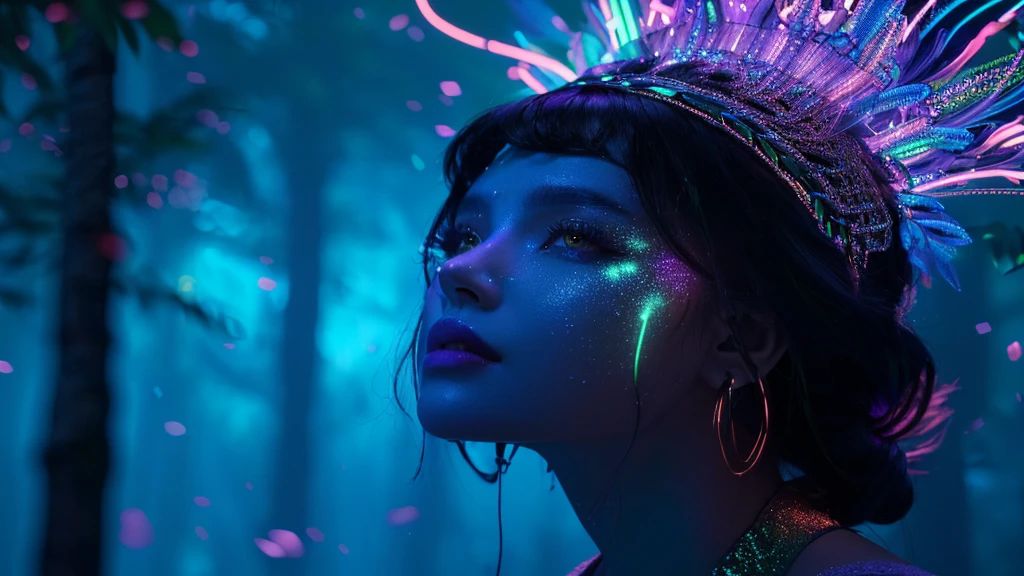 portrait | wide angle shot of eyes off to one side of frame, lucid dream-like woman, looking off in distance ::8 style | daydreampunk with glowing skin and eyes, styled in headdress, beautiful, she is dripping in neon lights, very colorful blue, green, purple, bioluminescent, glowing ::8 background | forest, vivid neon wonderland, particles, blue, green, purple ::7 parameters | rule of thirds, golden ratio, assymetric composition, hyper- maximalist, octane render, photorealism, cinematic realism, unreal engine, 8k ::7 --ar 16:9 --s 1000