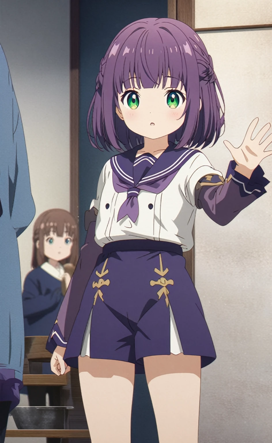 whole body, standing, child, baby face, purple heir, medium hair, bob hair, green eyes, Anime girl waving, purple sailor coller only, White blouse, Loose fitting purple arm covers, Navy blue hot pants with a slit in the front, White drawers, Soft anime illustration, Smooth anime CG art, Virtual YouTuber Model,, Cute realistic portrait, Cute girl anime visuals, Anime Style.