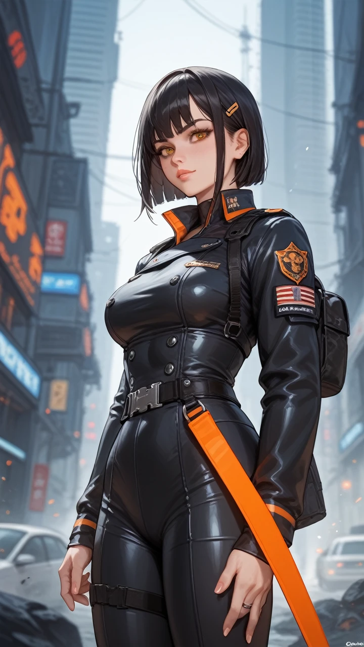  white of , long black hair, a military suit, Orange cover, big brown-eyes, sci-fi, gloomy mood, chartturnerv2