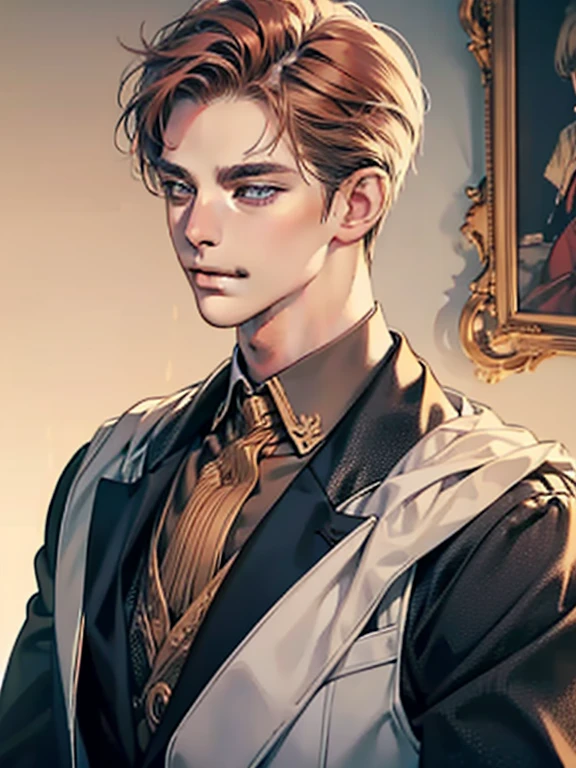 (best quality, masterpiece, 8K, photorealistic, cinematic lighting, 1:4 hdr image, top view, ultra detailed, beautiful image), a mature man, very handsome, short brown hair, blue eyes, perfect face without errors , (CEO).Duke. Era vitoriana.